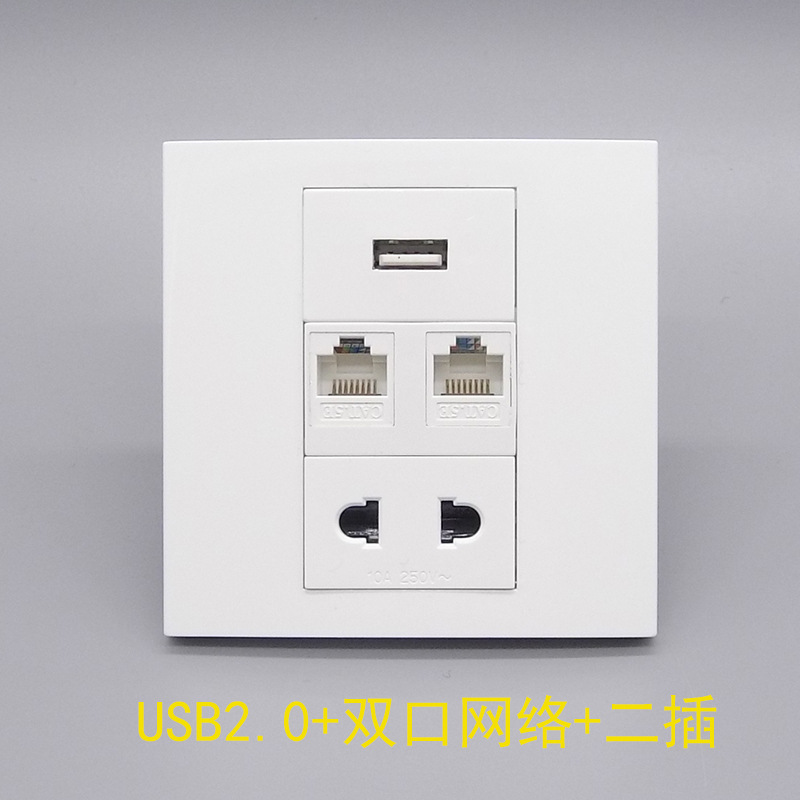 86型USB对接二孔电源插座双口网络USB插座墙壁开关10A电脑面板