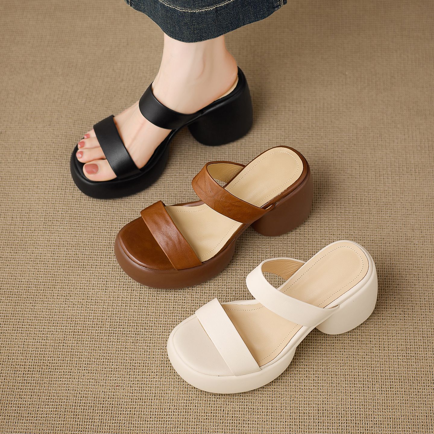 Sandal cao gót nữ quai ngang hở mũi đế xuồng gót vuông 9 cm — màu nâu, màu đen, màu trắng ngà