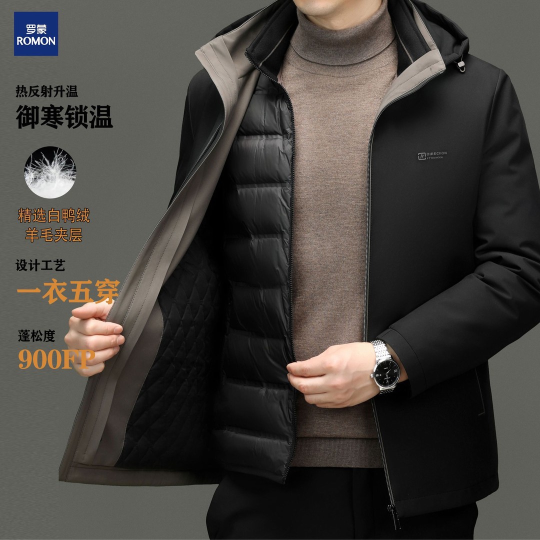 同款Romon/罗蒙《一衣五穿》牛奶丝羊毛羽绒双保暖帽子可拆羽绒服