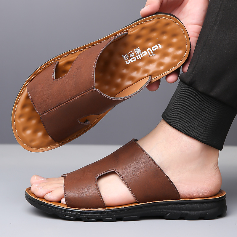Purely Handmade Men's Leather Slippers for Summer Outer Wear, Non-Slip, Simple Flip-Flops, Soft Leather, Soft Sole, Genuine Leather, Full Cowhide Men's Slippers