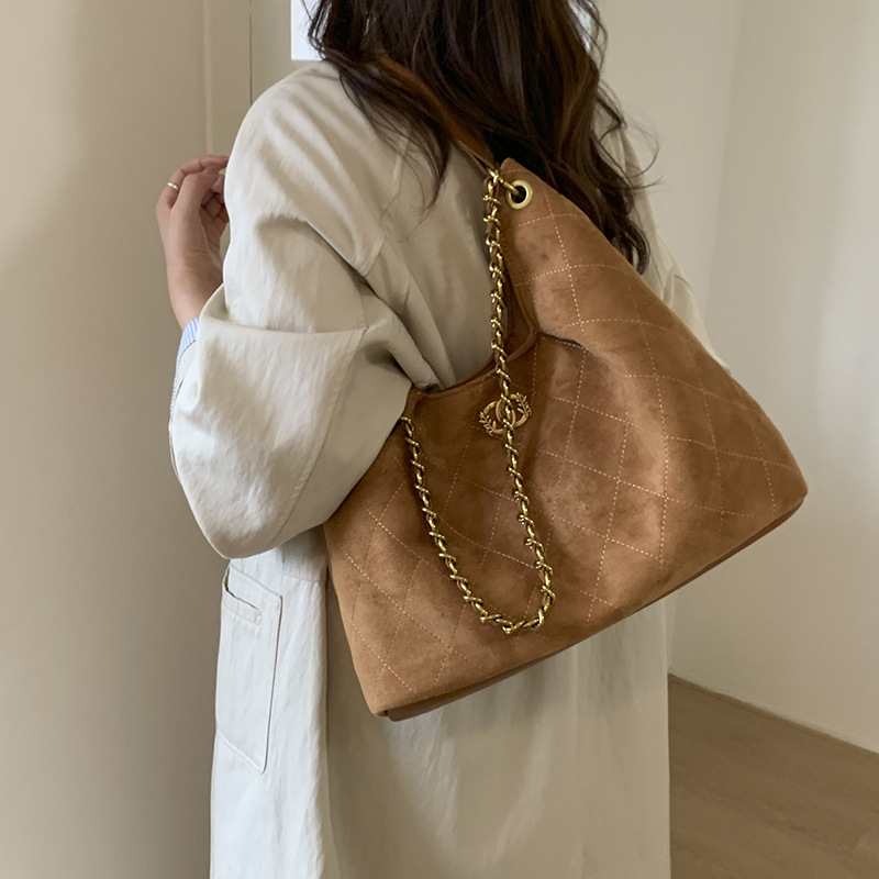 托特包复古麂皮绒大容量时尚包包女秋冬百搭休闲菱格通勤单肩包潮