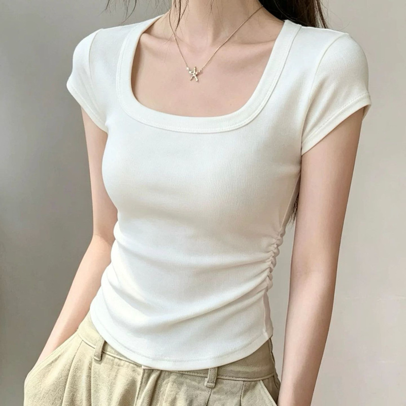 Square Neck, Waist-Cinching, Slim-Fit, Regular Shoulder Short-Sleeve T-Shirt, 2026 Summer New Style, Simple and Beautiful Short Top for Women