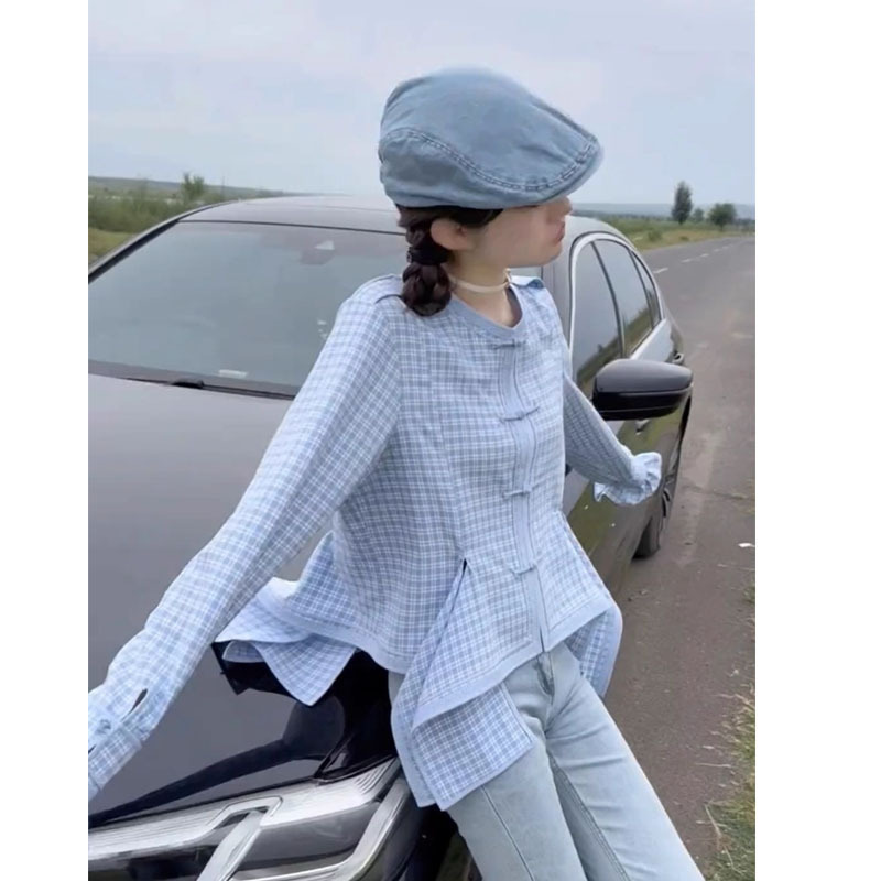 新中式国风女装2025新款蓝色格子盘扣长袖衬衫法式高端小资小上衣|undefined