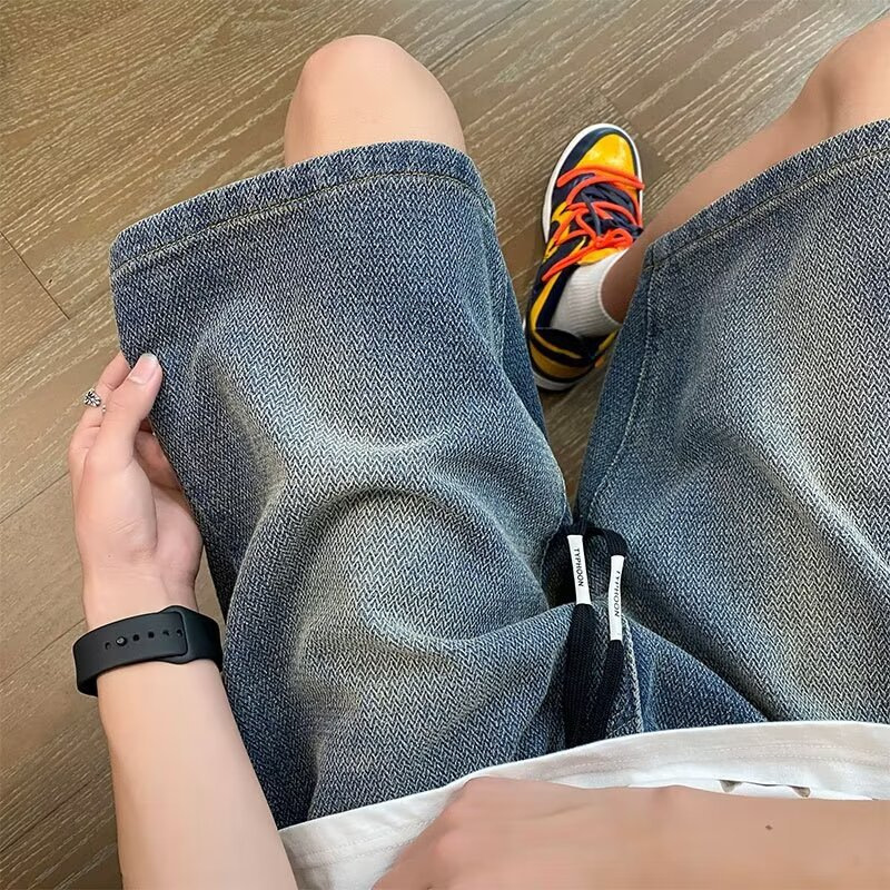 American-Style Starry Sky Pattern Straight-Leg Denim Shorts for Men, New Summer High Street Trendy Versatile Loose Mid-Length Shorts