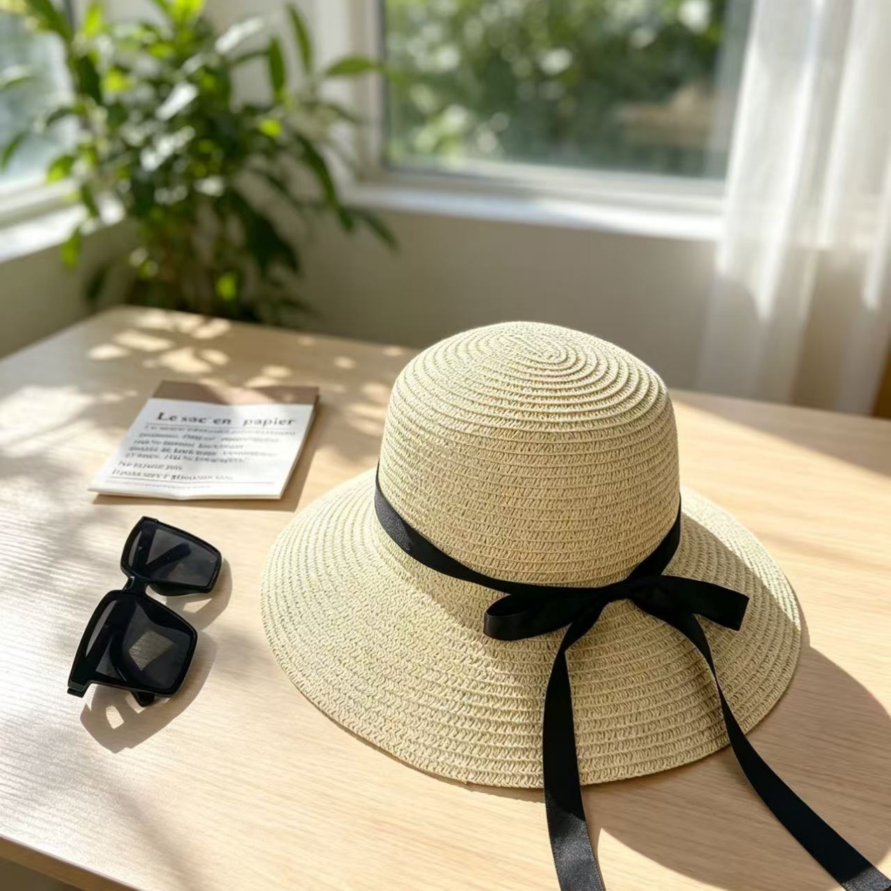 Sombrero de paja para el sol de verano para mujer con lazo de cinta negra, sombrero de ala ancha, sombrero tipo cubo para adultos, sombrero de protección solar para mujer con ala ancha.