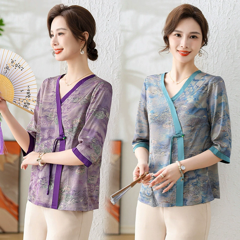 Мама весенняя и летняя одежда с семью рукавами шифоновая рубашка среднего возраста женская рубашка с короткими рукавами среднего возраста темпераментный средний рукав