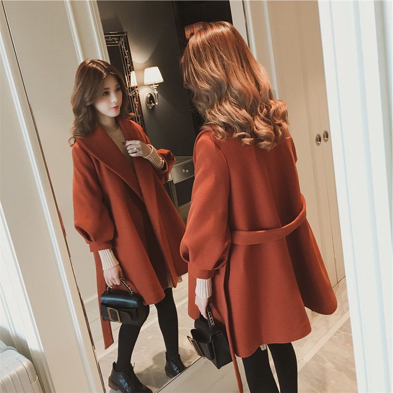 2019 autumn and winter Korean style small thickened woolen coat women's loose slimming lantern sleeve woolen coat