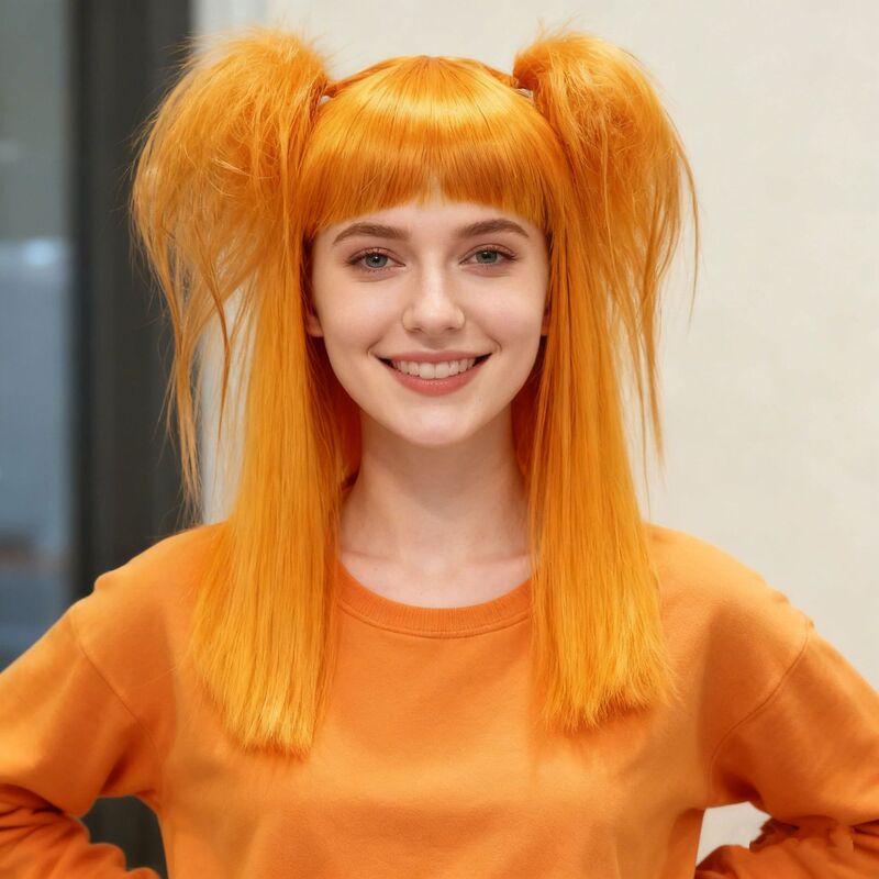 Cross-Border Fluffy Mid-Length Wig for Halloween Party, Orange Witch Short Wig with Double Ponytails and Bangs