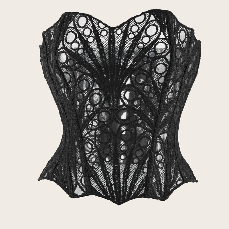 New European and American Style Court-Style Shapewear Top with Mesh Breathable Sexy Floral Pattern, Irregular Lace Embroidery Top