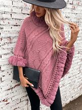 毛毛雨宽松大码秋冬保暖仿兔毛领斗篷2024跨境新品粗麻花毛衣外套