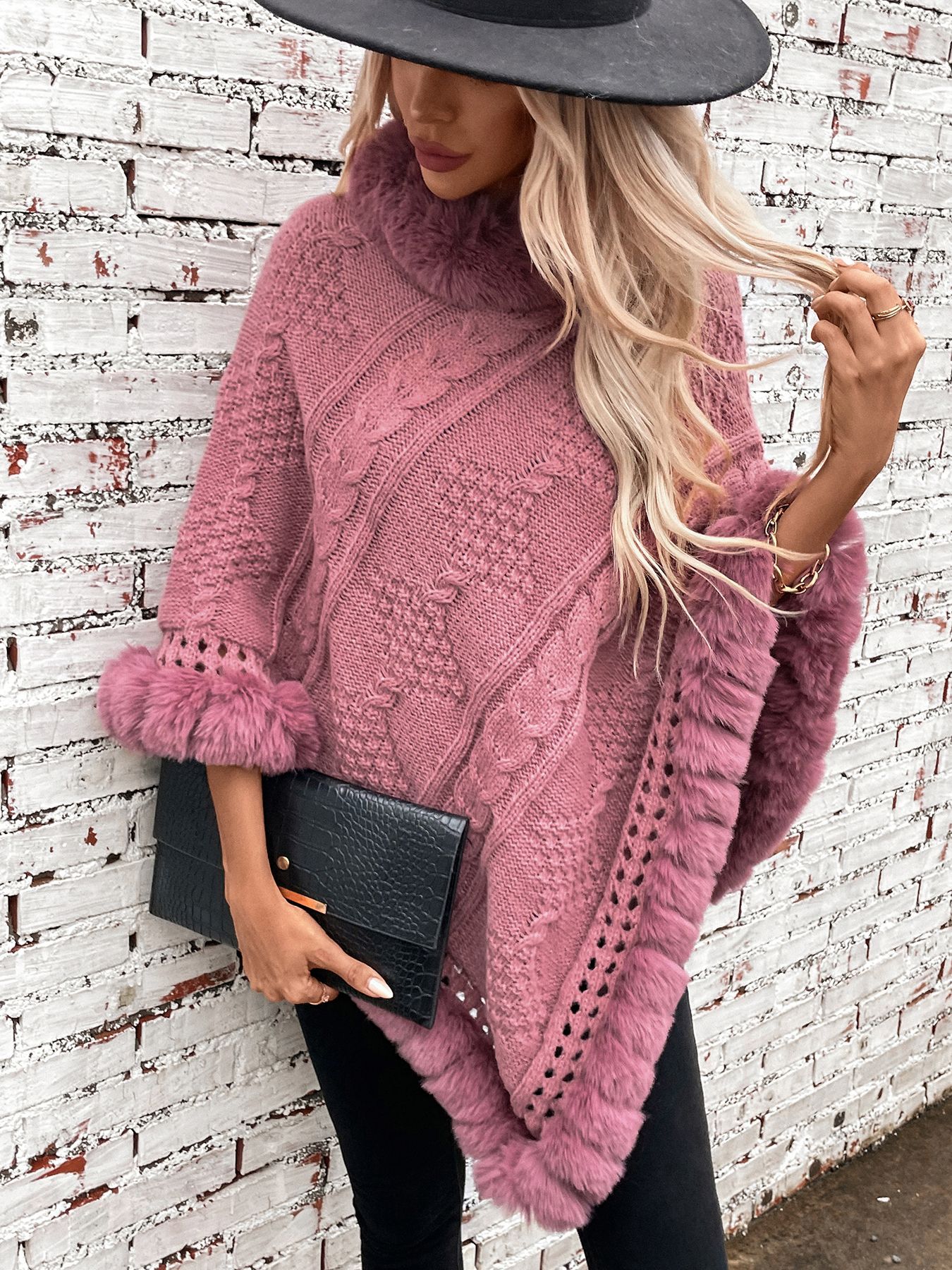 毛毛雨宽松大码秋冬保暖仿兔毛领斗篷2024跨境新品粗麻花毛衣外套