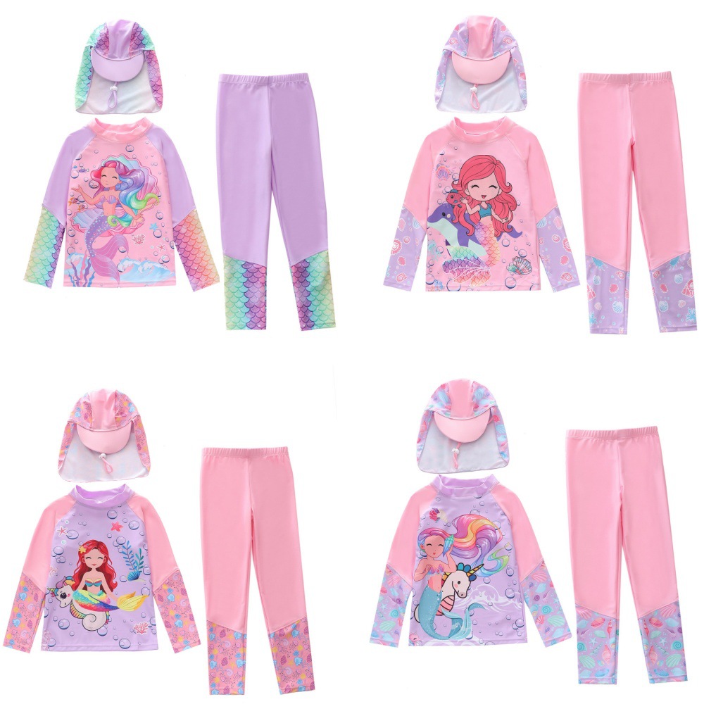 New Children's Swimsuit for Girls, Two-Piece Baby Girl Long-Sleeve and Long-Pants Cute Swimsuit for Young, Medium, and Older Girls