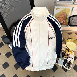 撞色条纹外套男款春秋季潮牌ins宽松立领棒球服美式复古情侣夹克.