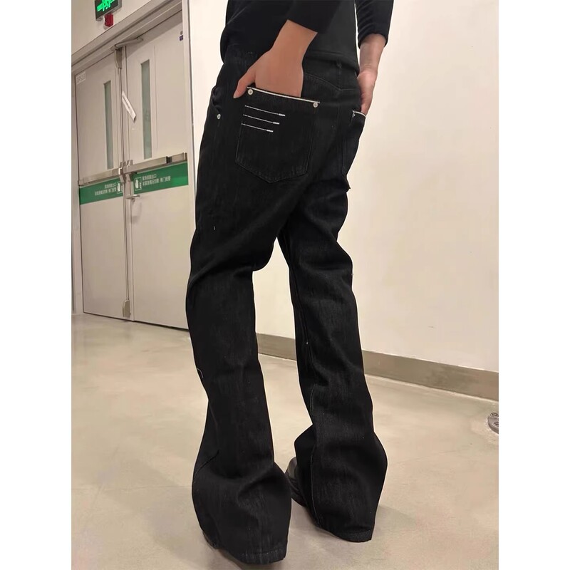 Four-Thread Narrow Embroidery Black Raw Denim Jeans for Men and Women, High Street Style, Cleanfit Straight-Leg Flared Pants
