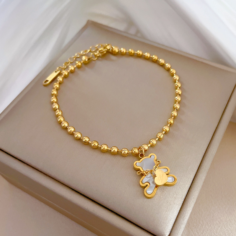 【 All-titanium Steel 】 Elegant heart-shaped little bear Mother-of-pearl lucky minimalist chain bracelet Female Internet celebrity retro best friend pic 3