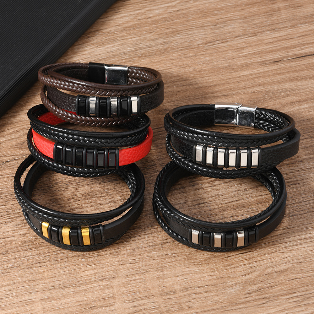 TEMU Xiyin una variedad de puntos estilo retro europeo y americano aleación lineal hebilla de succión magnética pulsera de cuero para hombre tejida a mano