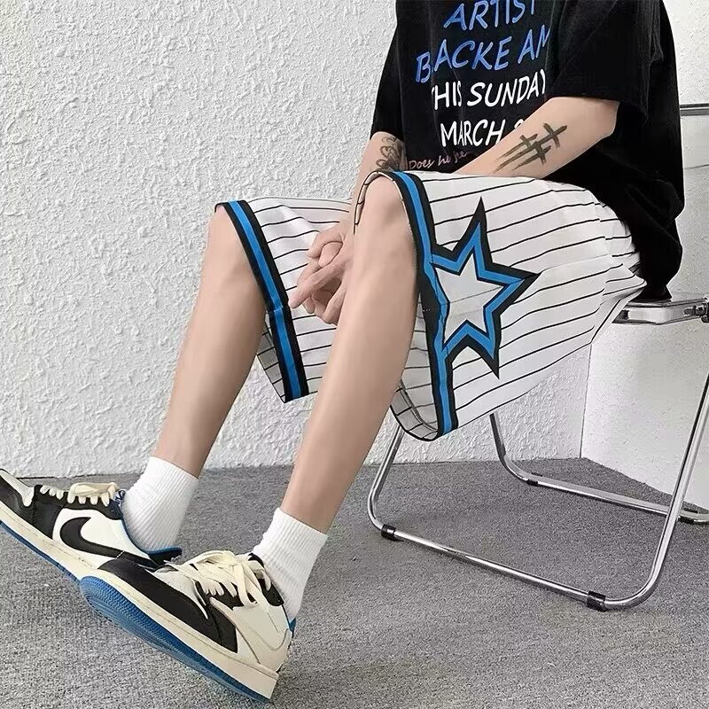 Casual Sports Color-Blocked Summer American-Style Straight-Leg Pants Trendy Brand Loose Basketball Shorts for Men Breathable