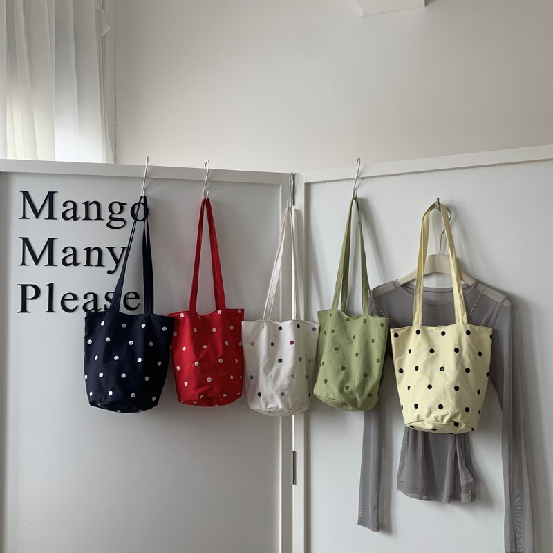 Korean Style Trendy Chic Cute Polka Dot Embroidery Versatile Shoulder Canvas Bag Shopping Tote Handbag for Women