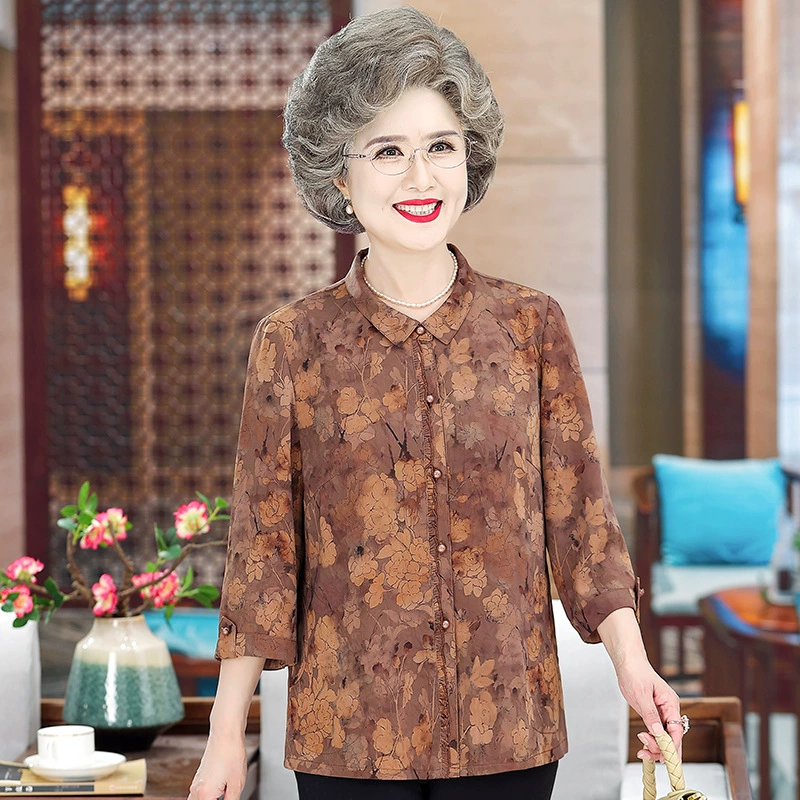 Пожилые люди летняя женская рубашка топ 60 лет бабушка весна и лето семь рукавов рубашка 70 старушка одежда