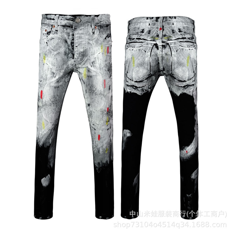 Manufacturer's Ready Stock Light Luxury High Version Pu Leather Label Splash Ink Jeans Street Slimming High Street Straight Jeans