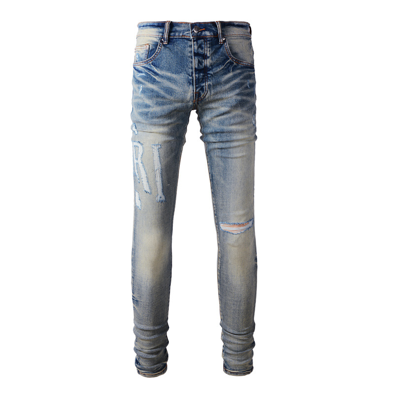 Street fashion brand men's jeans blue sl...