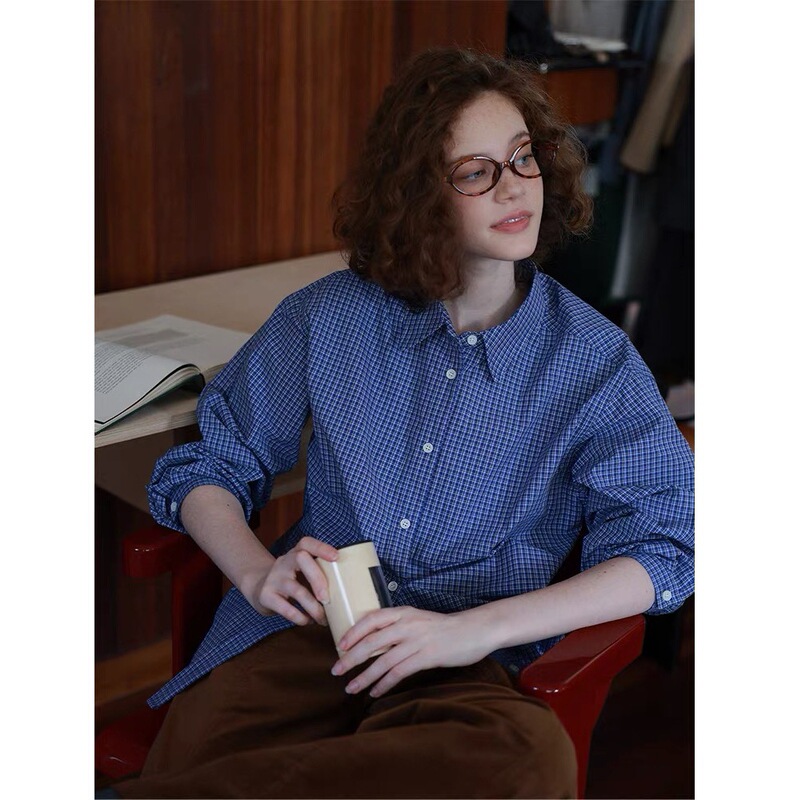 Miu Series' Classic French Retro Two-Color Blue Plaid Simple Early Autumn Long-Sleeved Shirt