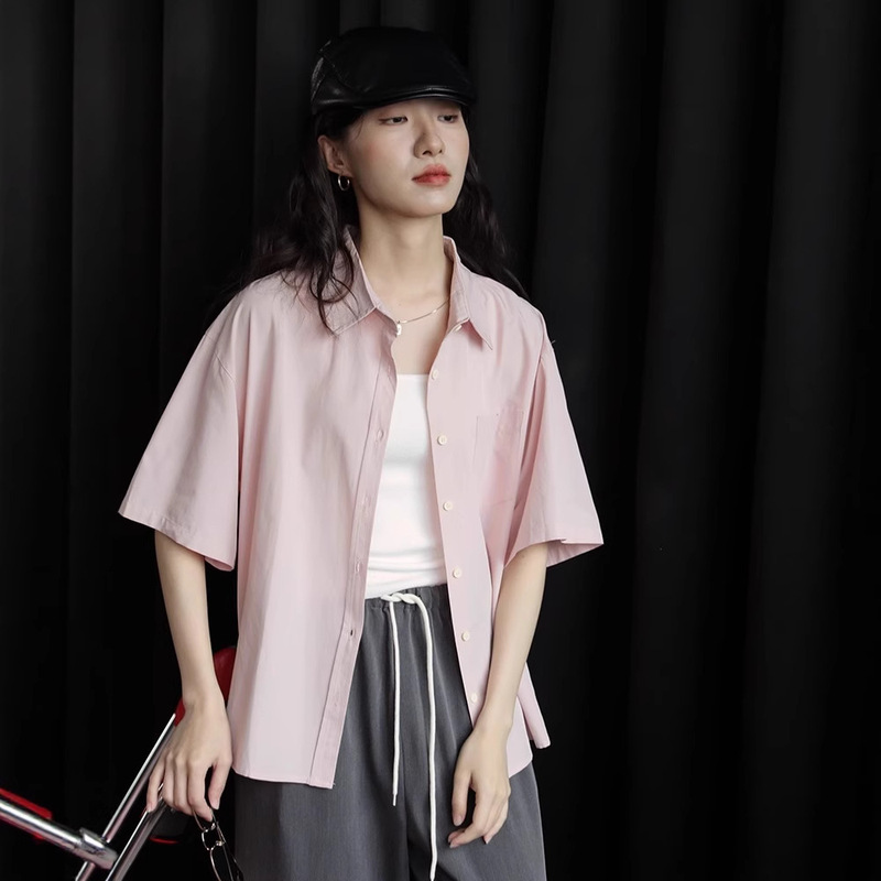 Girl's Pink Simple Retro Design Sense Pure Cotton Short-sleeved Shirt Women's Summer New Fashion Collocation Outer Wear Top