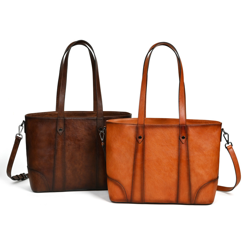Túi tote nữ da bò cao cấp phong cách retro, dung tích lớn, đeo vai/nách — Màu nâu cổ điển, Màu Cà phê cổ điển, Màu đen cổ điển