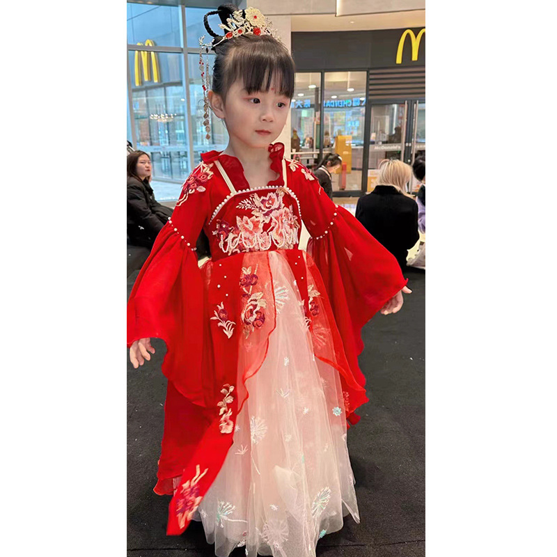 2024 Spring/Summer New Style Hanfu Girl's Ruqun Children's Ancient-Style Dress in Chinese Style, Princess-Like Red Hanfu Skirt for Little Girls