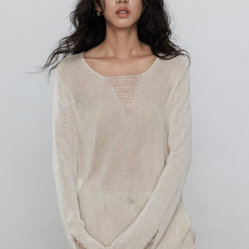 Autumn V-Neck Tencel Linen Long-Sleeved Design Knitwear Women's Loose Old Money Style Top