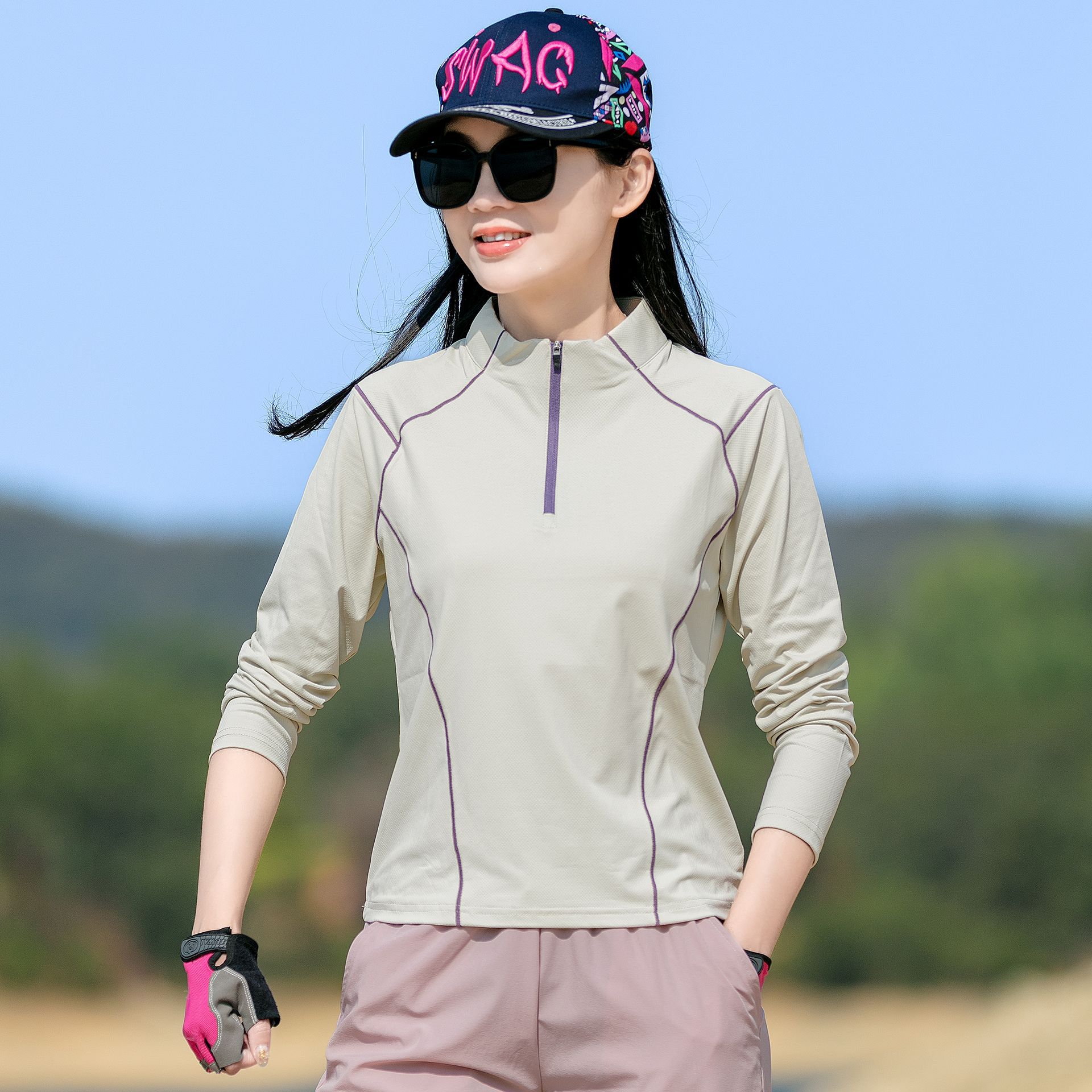 Skin-Friendly Quick-Drying T-Shirt for Women, Suitable for Running, Outdoor Activities, Mountaineering, Fitness, Sports, Yoga Training, with a Stand-Up Collar and Long Sleeves