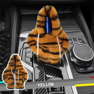 Cross-border plush car gear lever decorative gear handle headgear vests with hat lining protection anti-hand lever gear shift position accessories (Sürətlər qutusu və əl tormozu başlıqları) - yellow-plush-tiger-pattern