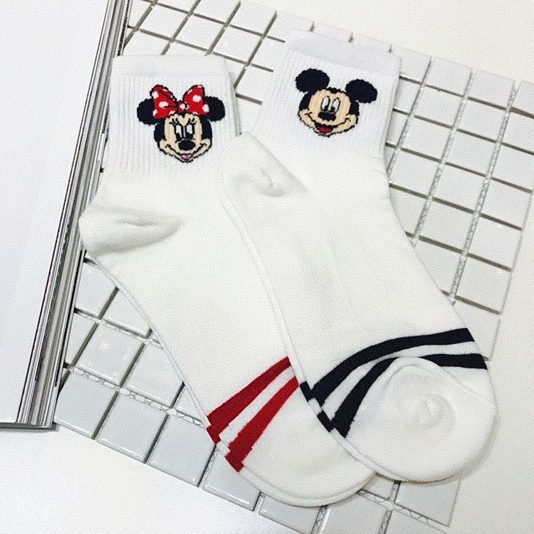 Cartoon Embroidered Cotton Socks for Women, Mid-Calf Socks with Mickey, Minnie, and Donald Duck Designs, Cute Pure Cotton Spring and Autumn Sports and Casual Socks