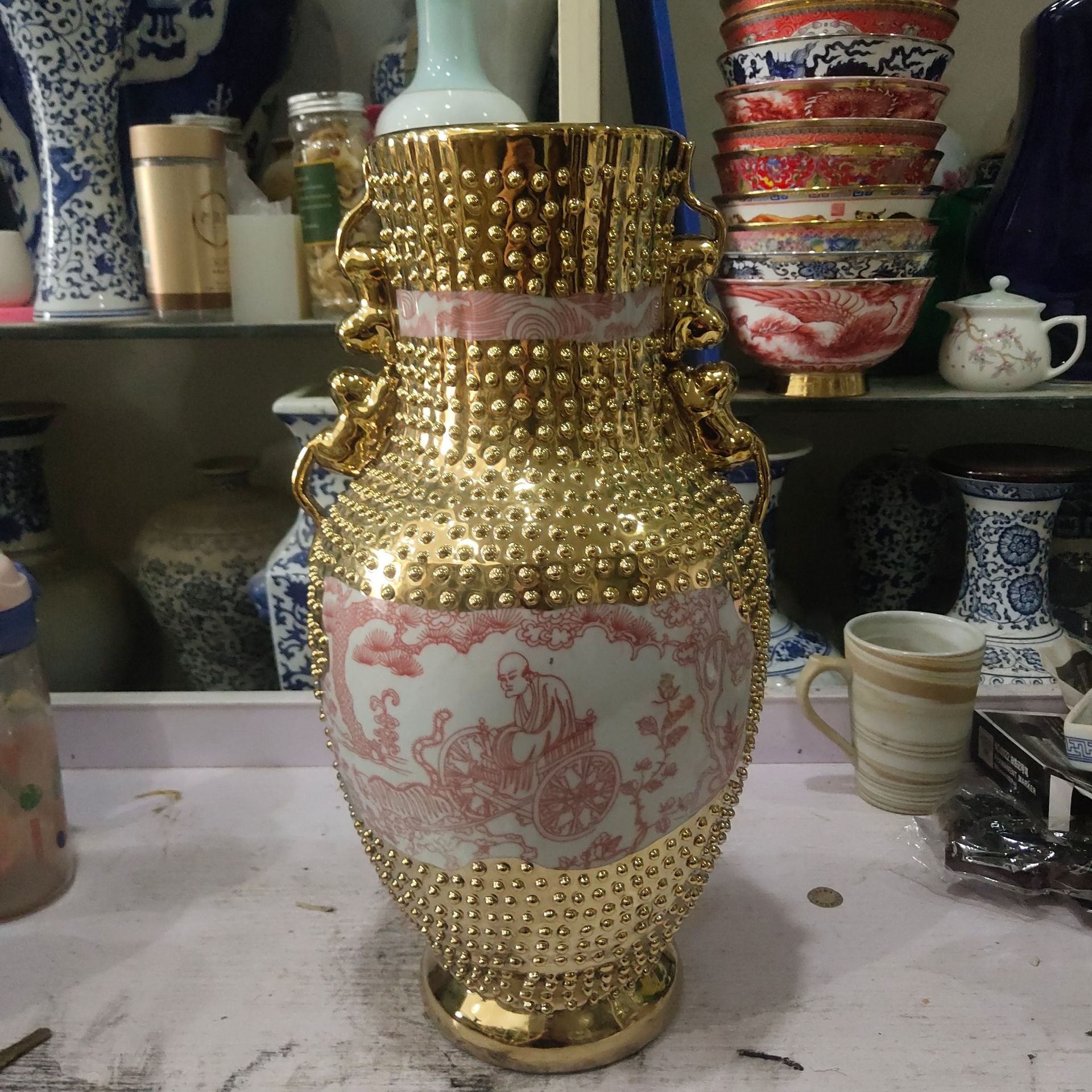 景德镇陶瓷仿古花瓶釉里红镀金双耳瓶中式纯手绘精品瓷器制定收藏