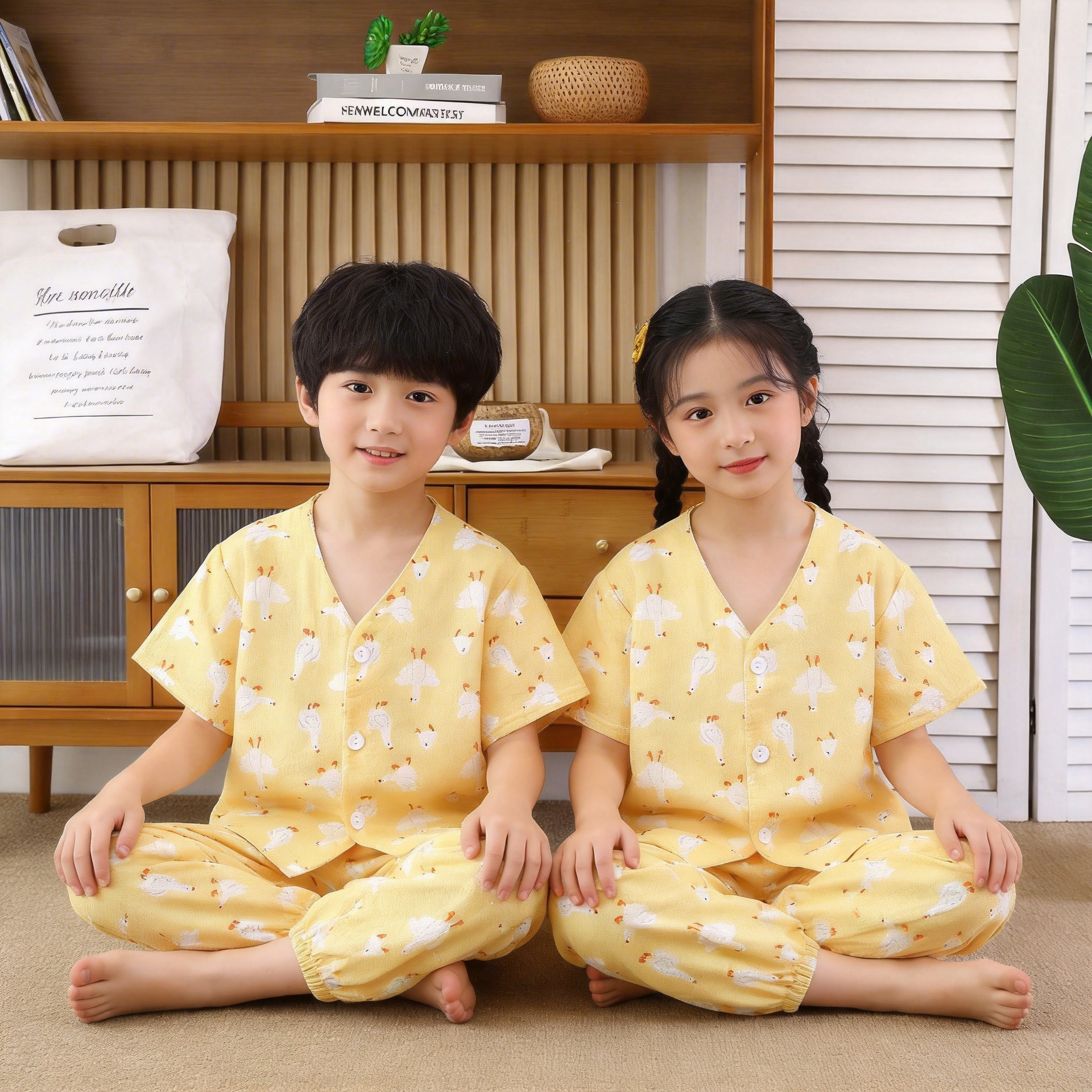 Pijamas infantiles de verano para padres y niños de manga corta set de pantalones de siete puntos para niños y niñas de cuello V ropa delgada para el hogar pijamas para bebés