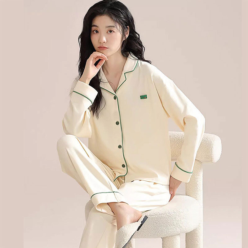 High quality solid color Spring and Autumn Winter pajamas women's long sleeve simple style cardigan imitation cotton student dormitory home wear suit