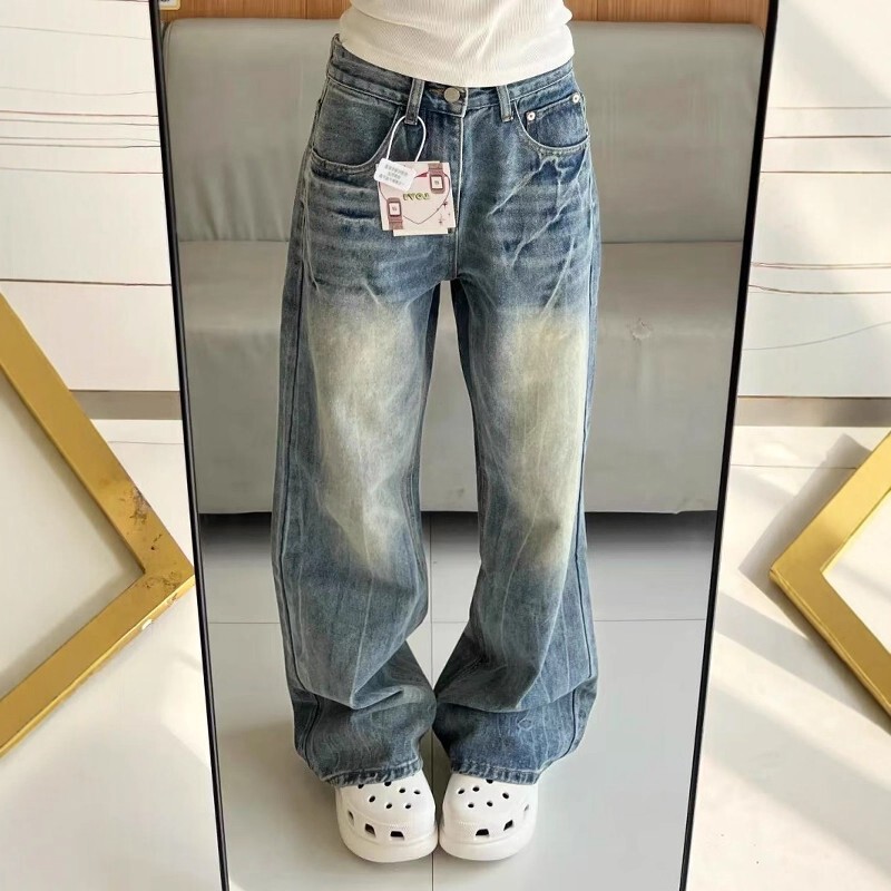 American High Street Vibe Style Retro Lightning Crackle Blue Jeans Men's Slightly Flared Straight Slim Slim Pants