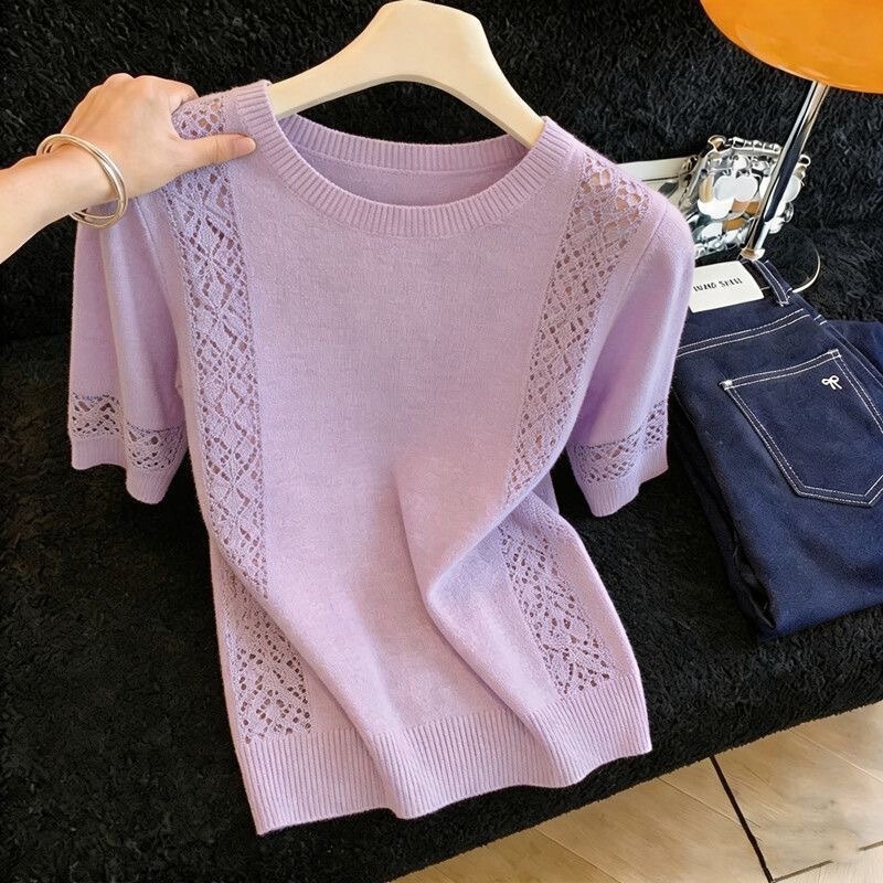 High-End, Stylish, Short-Sleeved, Hollow-Out Knitted Sweater, New Summer Product, Loose-Fitting, Slimming, Round-Neck, Versatile, Thin Top