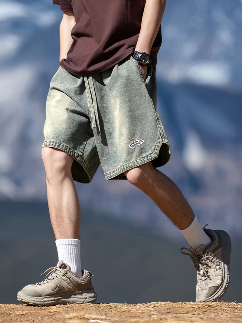Men's Relaxed Fit Denim Shorts 5-Inch Inseam Drawstring Waist Casual Streetwear Summer Shorts Breathable Cotton Fabric_viptrois.com