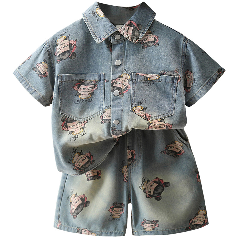 7426 Traje de camisa de mezclilla para niños 2025 Nuevo verano Super guapo Nezha Ropa para niños Estilo occidental Manga corta coreana