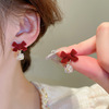 Red silver needle, retro demi-season earrings from pearl with bow, silver 925 sample, wide color palette