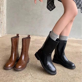 2025新款复古皮纹马丁靴女高级感平底宽筒靴子美拉德棕色中靴黑色