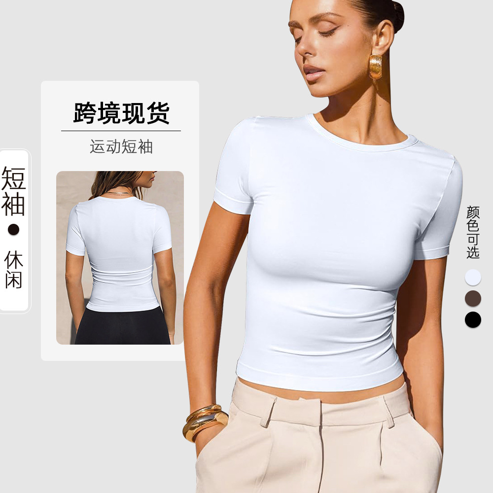 Amazon Cross-Border Short-Sleeved Basic Yoga Wear Slim Pullover Round Neck Blouse Top Pilates Yoga T-Shirt