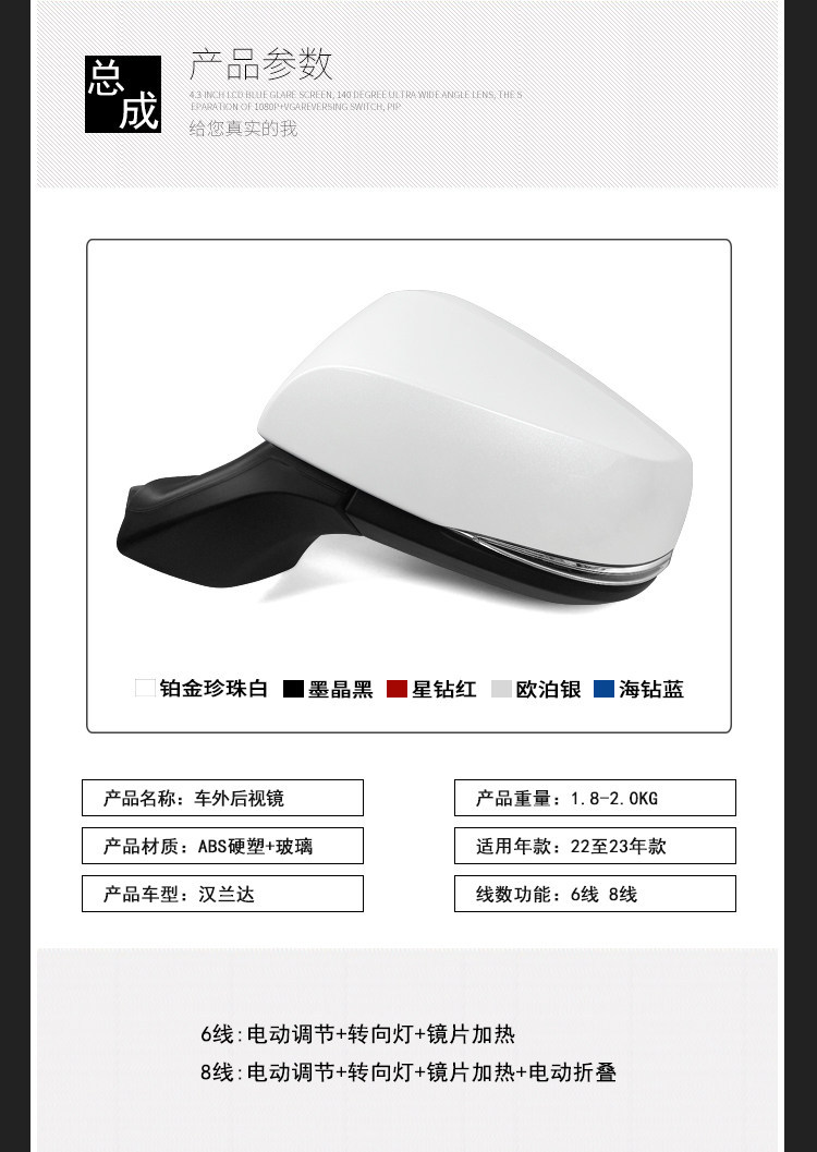 Suitable for the New Toyota Highlander Rearview Mirror Assembly, Left and Right Side Mirrors, Complete Set for 2022 to 2024