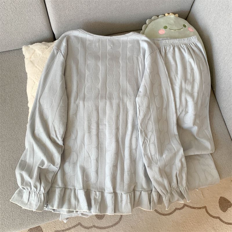 2025 nuevo pijama de mangas largas de mujeres otoño invierno algodón de punto encaje dulce princesa ropa de estilo W3118 azul