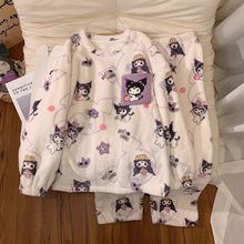 跨境睡衣女秋冬季圆领法兰绒甜美卡通保暖韩版少女休闲家居服套装