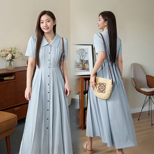 Plus-Size Dress with a Slimming Effect, Concealing Shirt with a Turn-Down Collar, High-End Women's Fashion 120kg Waist-Cinching Long Dress 3532