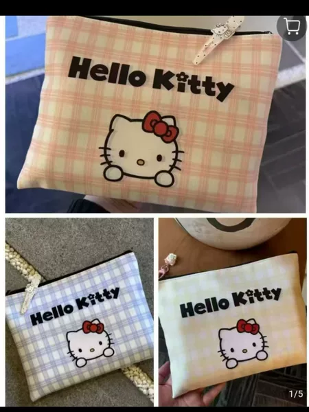 Blue, Pink, and Yellow Plaid Hello Kitty Makeup Bag, Portable Clutch Bag, Large Capacity Storage Bag for Cosmetics and Miscellaneous Items