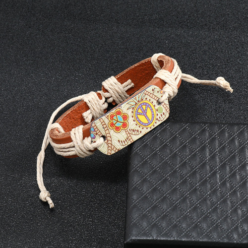 Vintage Bestselling Leather Bracelet Genuine Leather Bracelet Unisex Jewelry Ethnic Style Engraved Peace Symbol Bracelet Wholesale