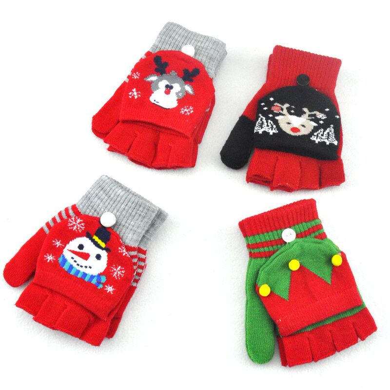 ハロウィーンクリスマス鹿雪だるまニットジャカード手袋冬防寒保温カバー半指手袋|undefined